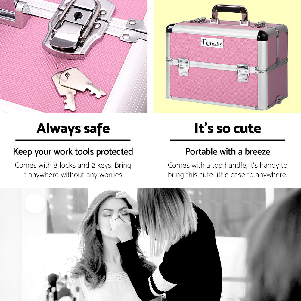 Makeup Case Beauty Trolley Cosmetic Organiser Box Travel Wheels Pink