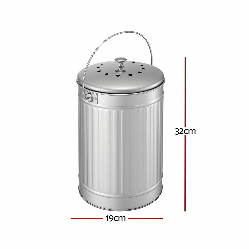 Gardeon Compost Bin Kitchen Countertop Food Waste Caddy 6L Silver