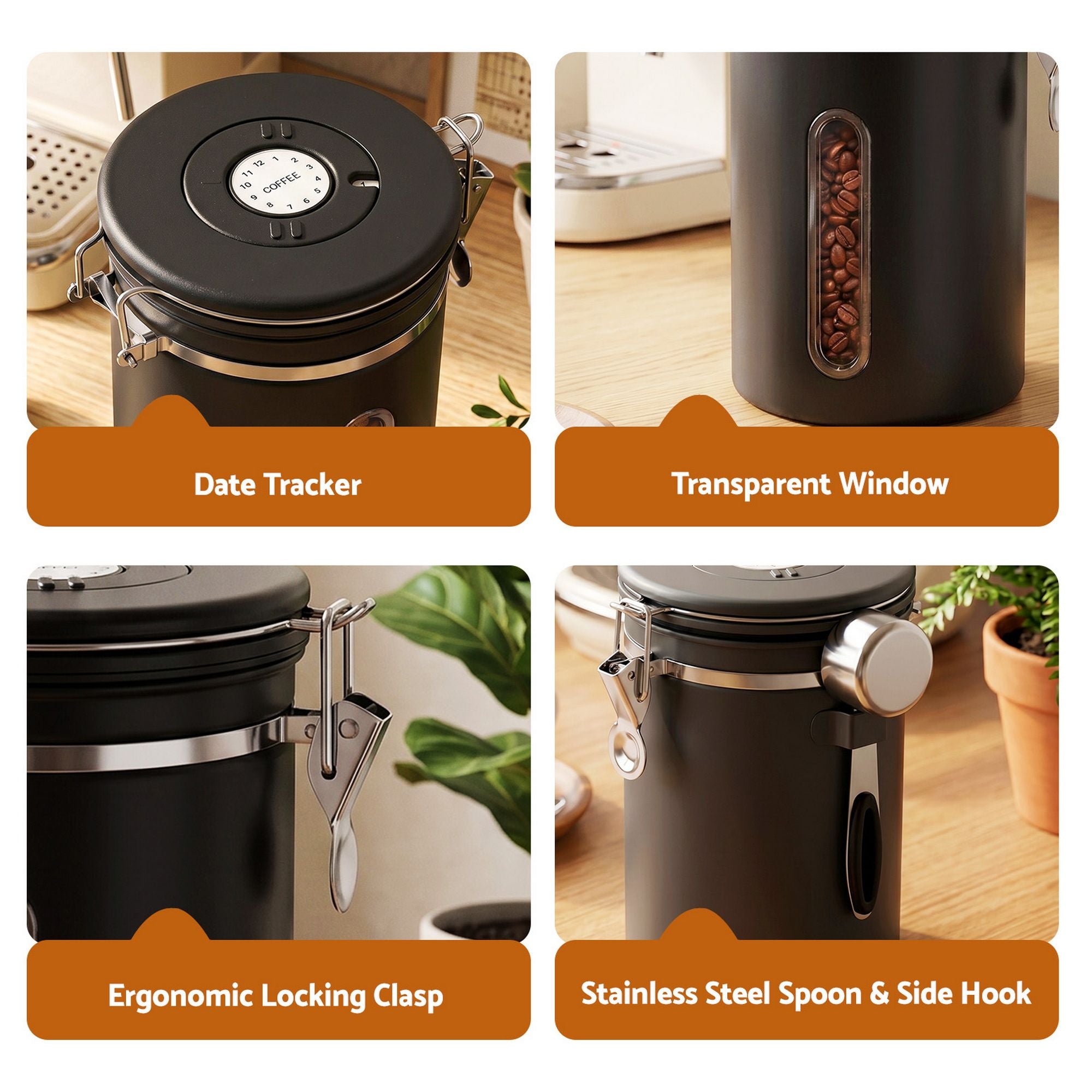 5-Star Chef 1.8L Stainless Steel Coffee Bean Storage Container Coffee Canister