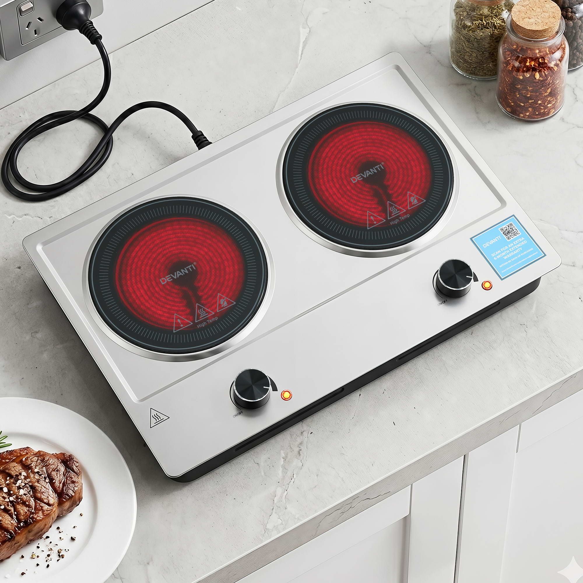 Devanti 2 Hobs Ceramic Cooktop Electric Hot Plate Infrared Knob Control 2400W