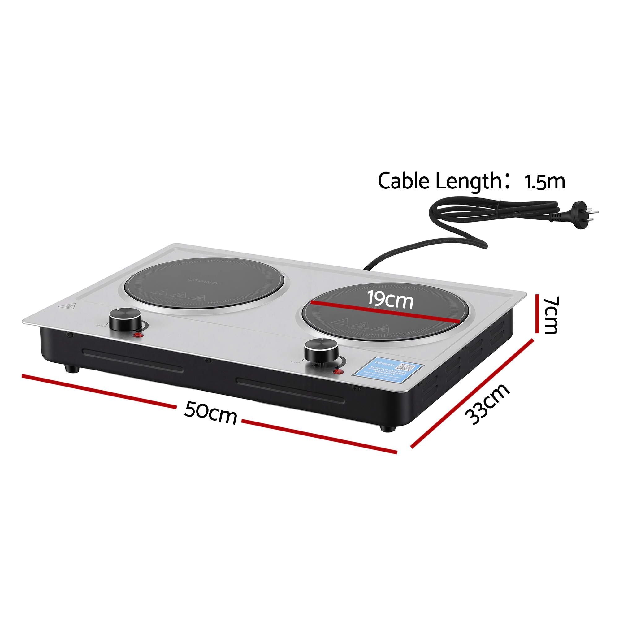 Devanti 2 Hobs Ceramic Cooktop Electric Hot Plate Infrared Knob Control 2400W