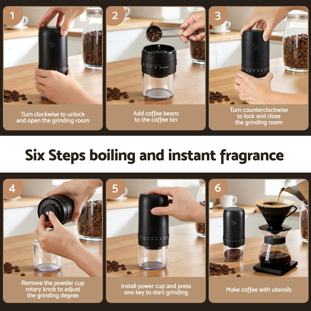 Devanti Electric Coffee Grinder USB-C Rechargeable Portable Coffee Bean Grinder with 40 Precise Grind Settings | Automatic Spice Nut Pepper Grinder Mill with Cleaning Brush & Ground Coffee Container for Home Office Camping Travel, Black