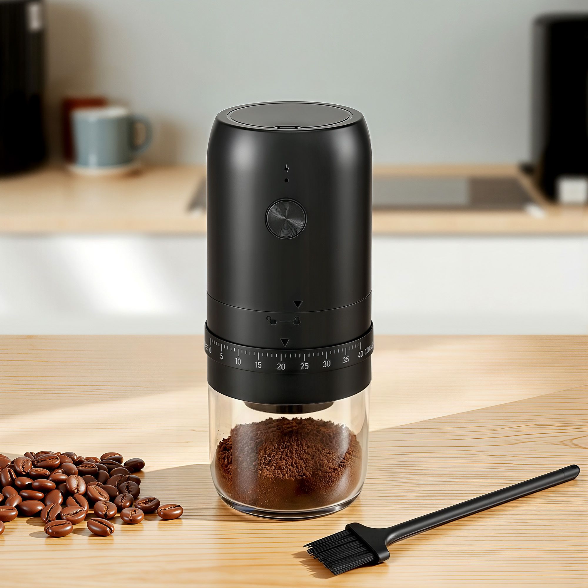 Devanti Electric Coffee Grinder USB-C Rechargeable Portable Coffee Bean Grinder with 40 Precise Grind Settings | Automatic Spice Nut Pepper Grinder Mill with Cleaning Brush & Ground Coffee Container for Home Office Camping Travel, Black