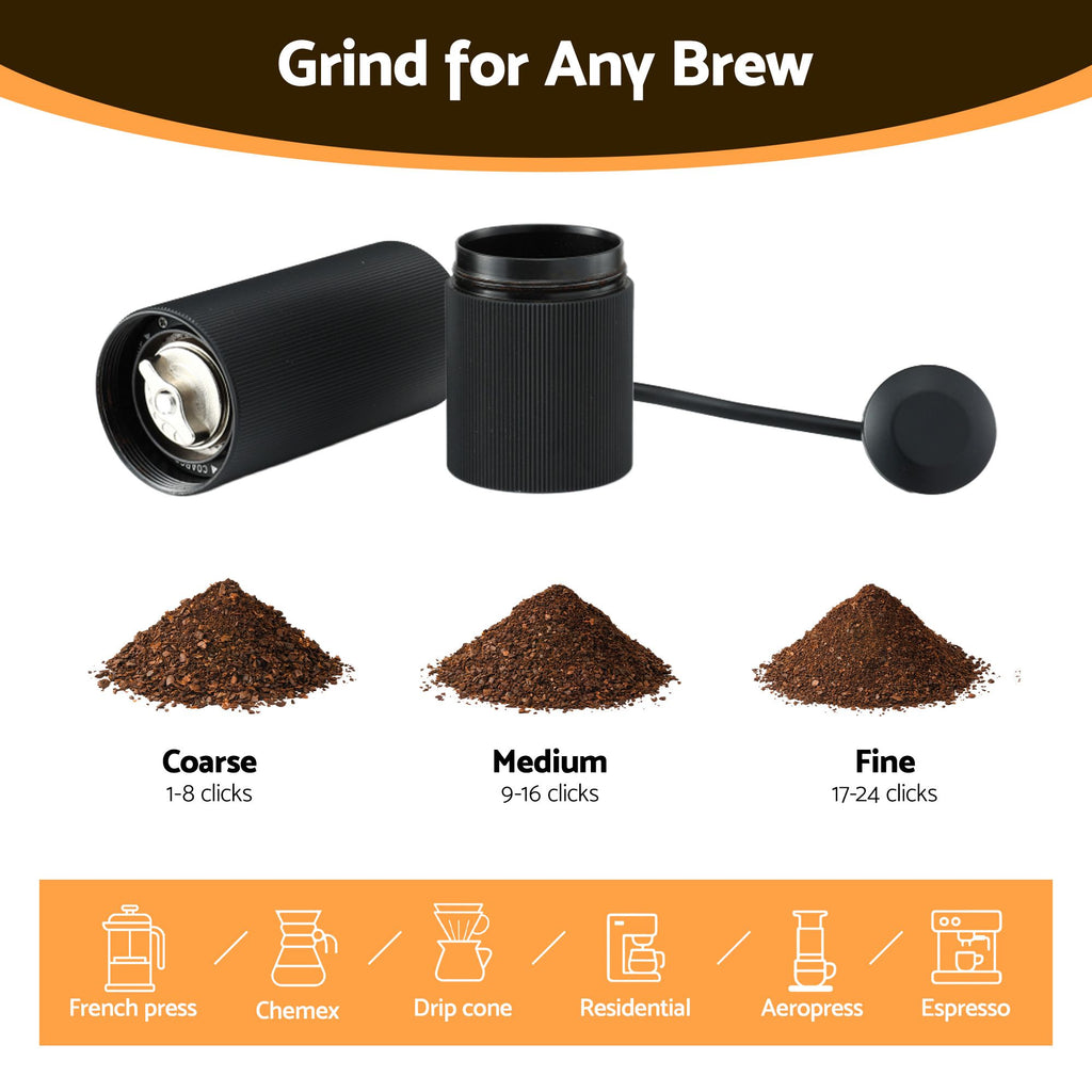 Devanti Manual Coffee Grinder with 24 Adjustable Settings | Hand Coffee Bean Burr Mill for Espresso French Press | Portable Stainless Steel Quiet Grinder with Storage Bag for Travel Camping, Black