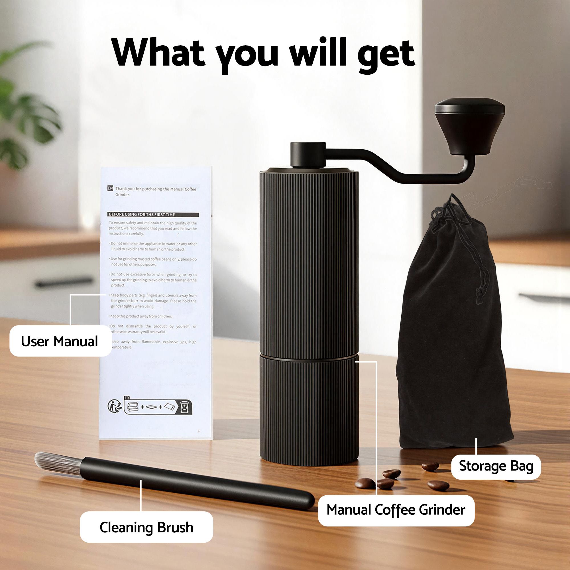 Devanti Manual Coffee Grinder with 24 Adjustable Settings | Hand Coffee Bean Burr Mill for Espresso French Press | Portable Stainless Steel Quiet Grinder with Storage Bag for Travel Camping, Black