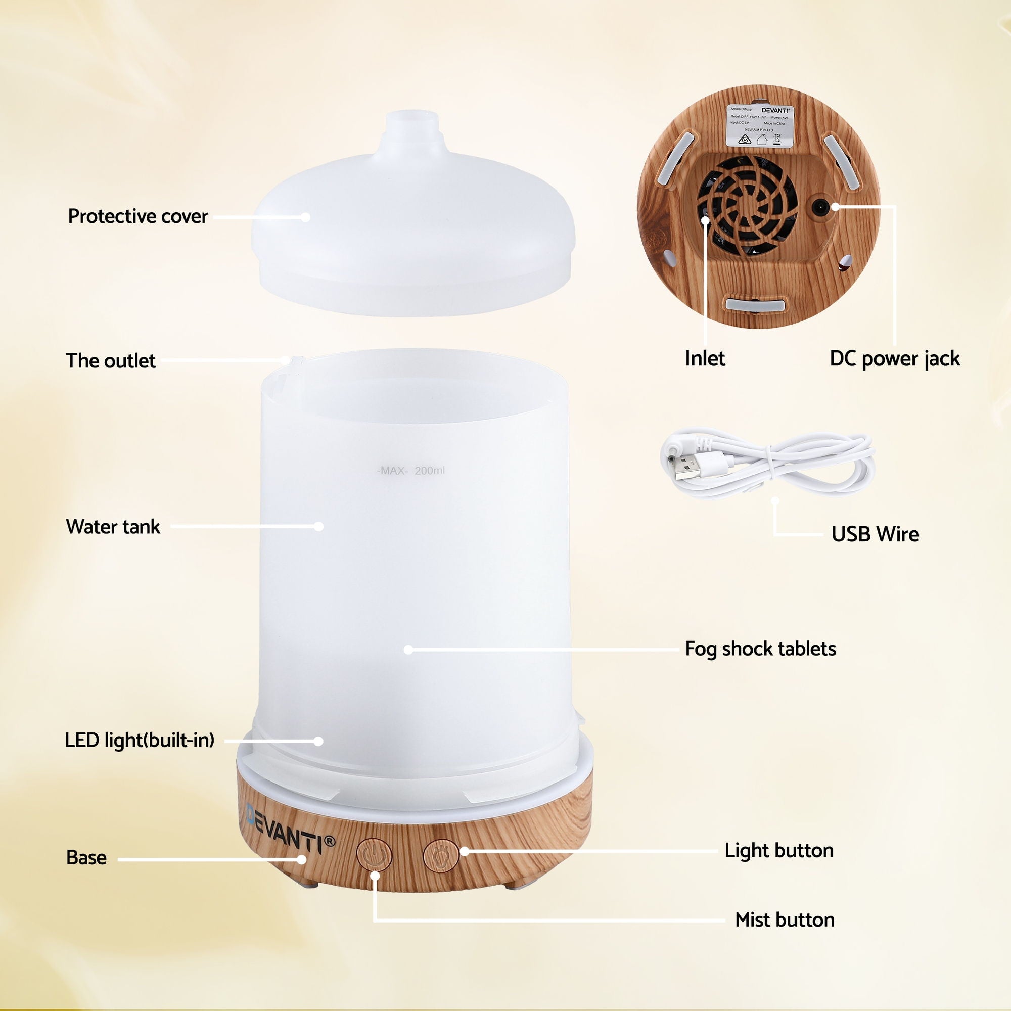 Devanti Ultrasonic Aroma Diffuser Aromatherapy 200ml LED Lights Iron Humidifier Forest