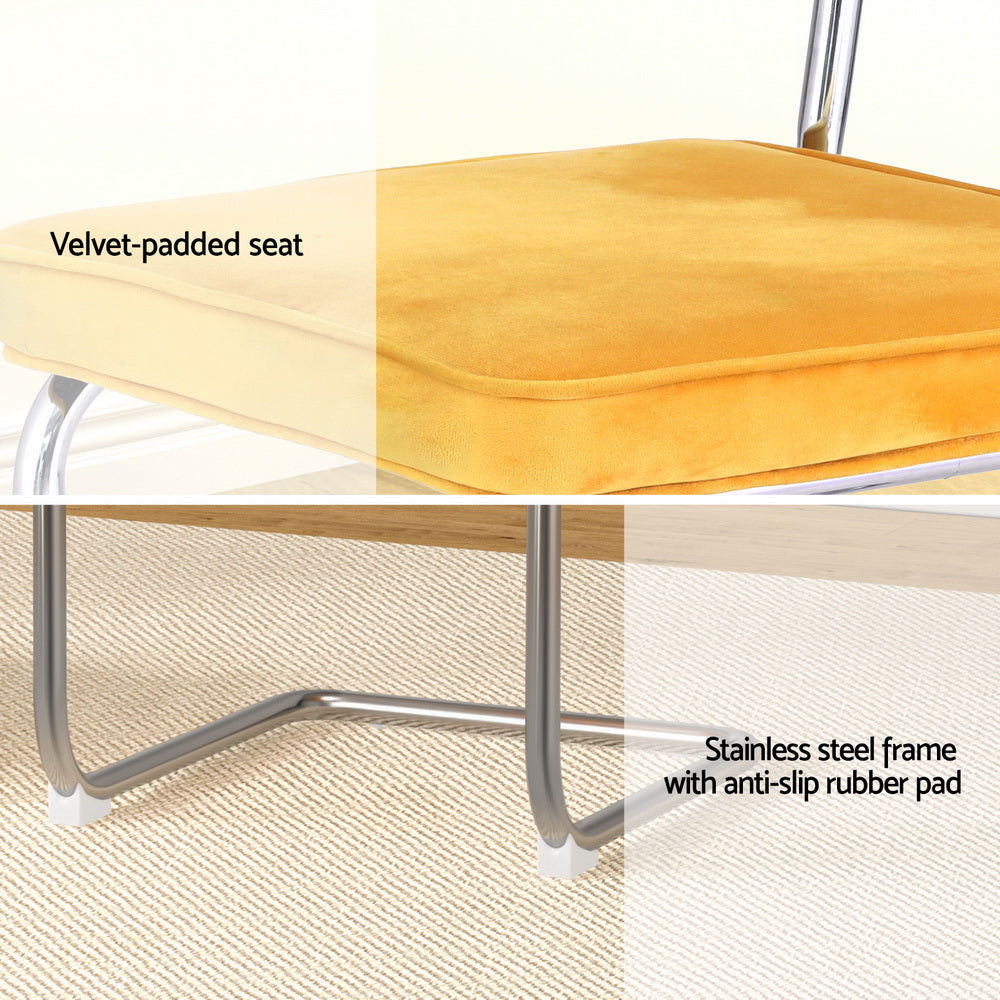 Dining Chairs Set of 2 Velvet Rattan Cantilever Yellow