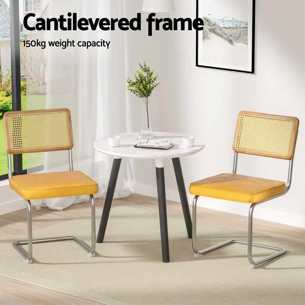 Dining Chairs Set of 4 Velvet Rattan Cantilever Yellow