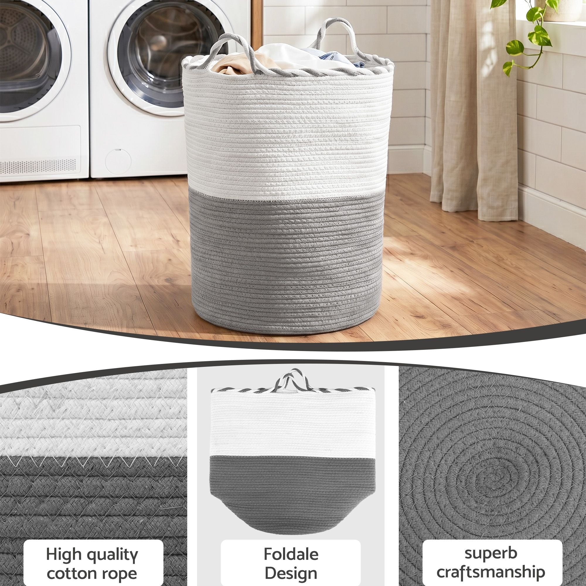 Artiss Woven Laundry Basket with handles Foldable White & Grey