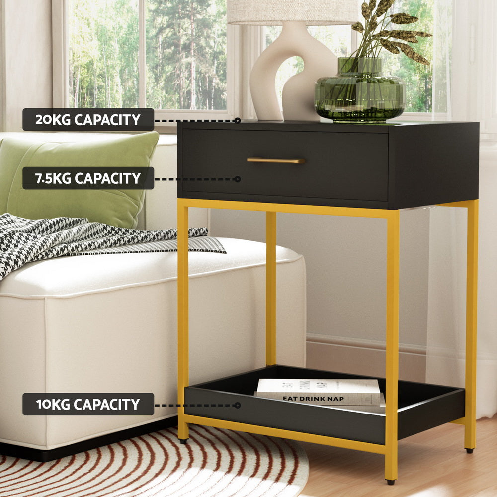 Bedside Table Drawers Side Table Shelf Storage Nightstand Black MASON