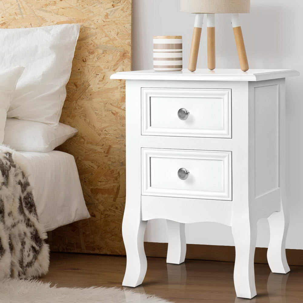 Bedside Table 2 Drawers - BISSET White