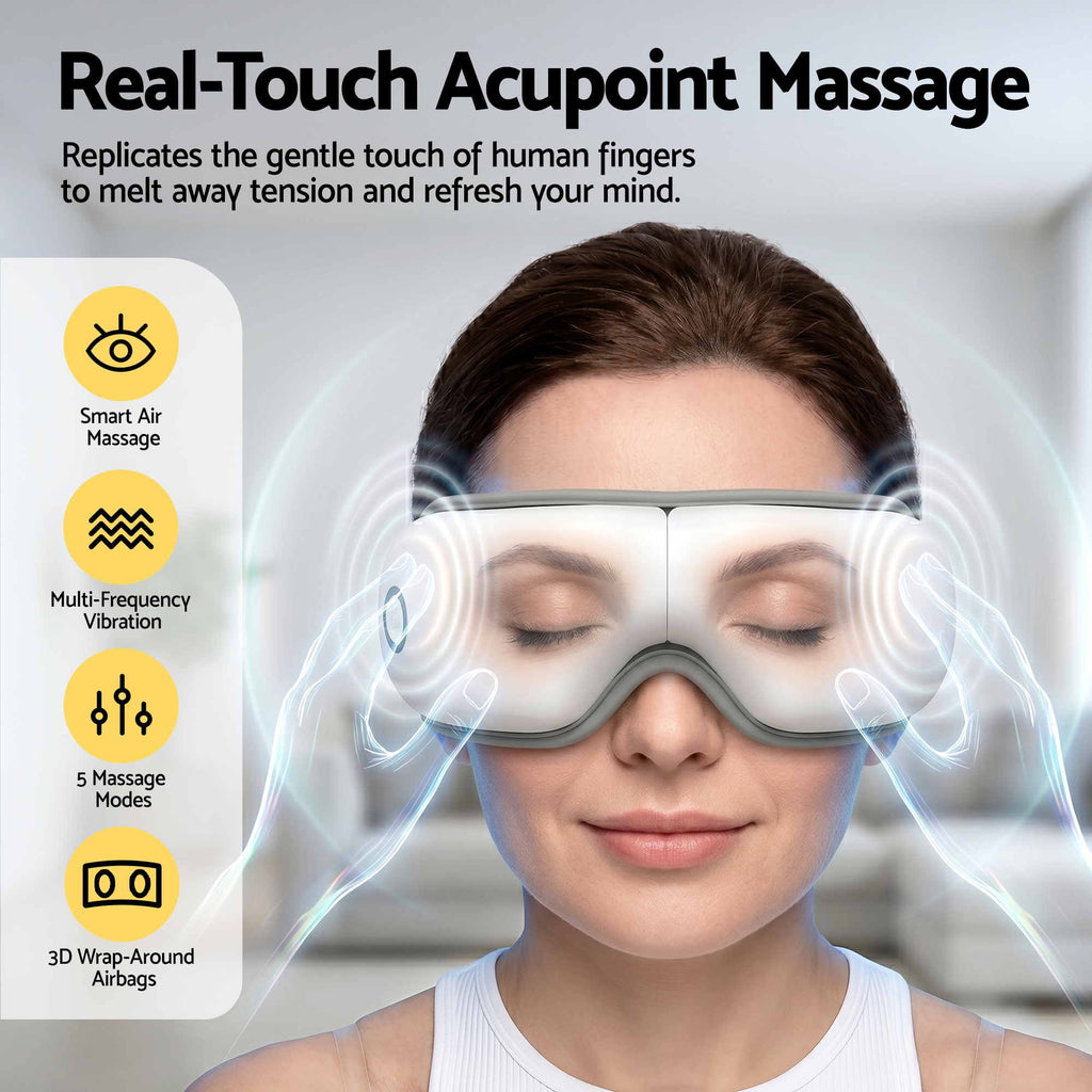 Livemor Eye Massager with Heat & Vibration | 180° Foldable Electric Eye Heat Mask with Bluetooth Music for Fatigue Relief | Rechargeable 3D Wrap-Around Temple Massager, White