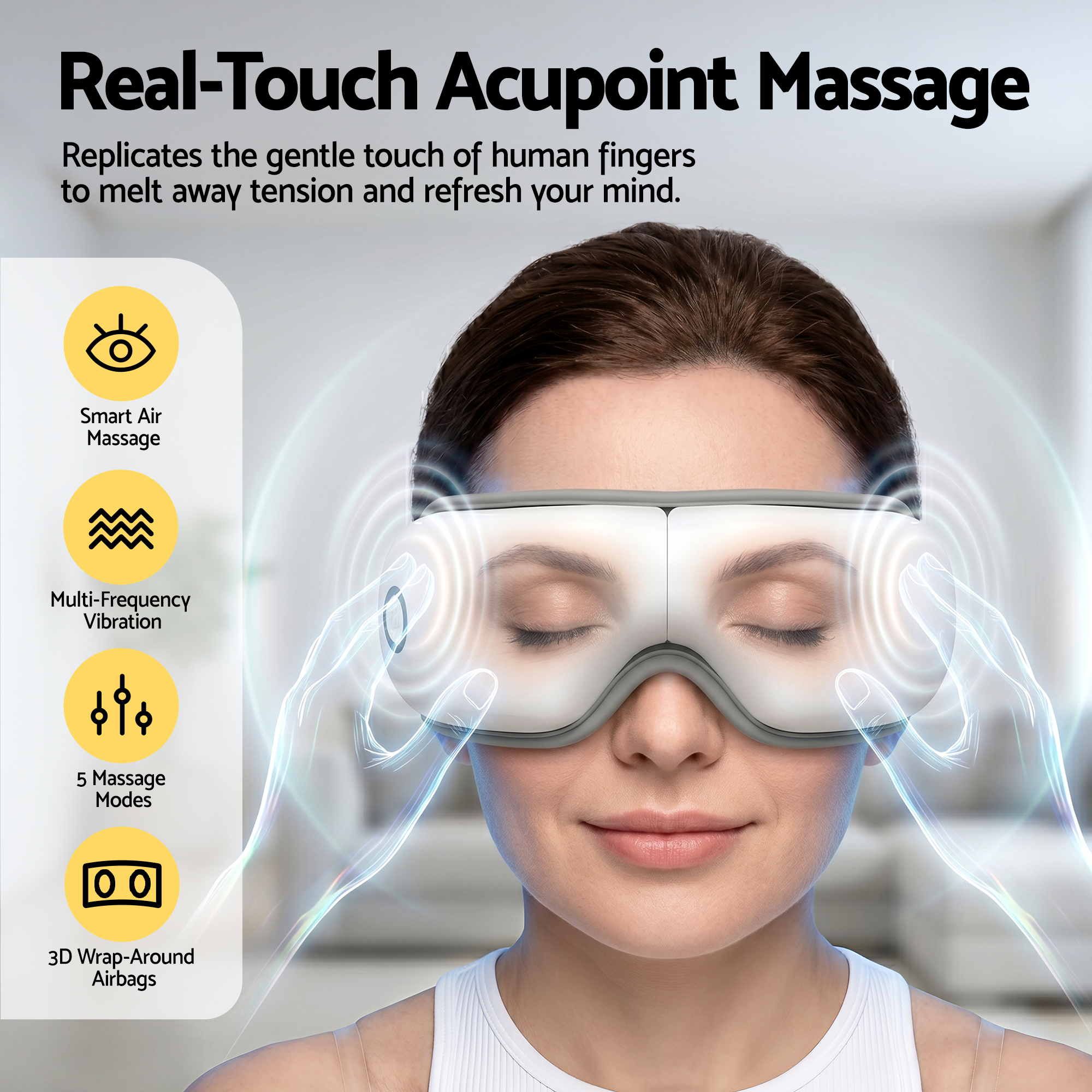 Livemor Eye Massager with Heat & Vibration | 180° Foldable Electric Eye Heat Mask with Bluetooth Music for Fatigue Relief | Rechargeable 3D Wrap-Around Temple Massager, White