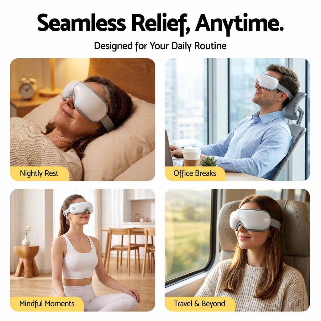 Livemor Eye Massager with Heat & Vibration | 180° Foldable Electric Eye Heat Mask with Bluetooth Music for Fatigue Relief | Rechargeable 3D Wrap-Around Temple Massager, White