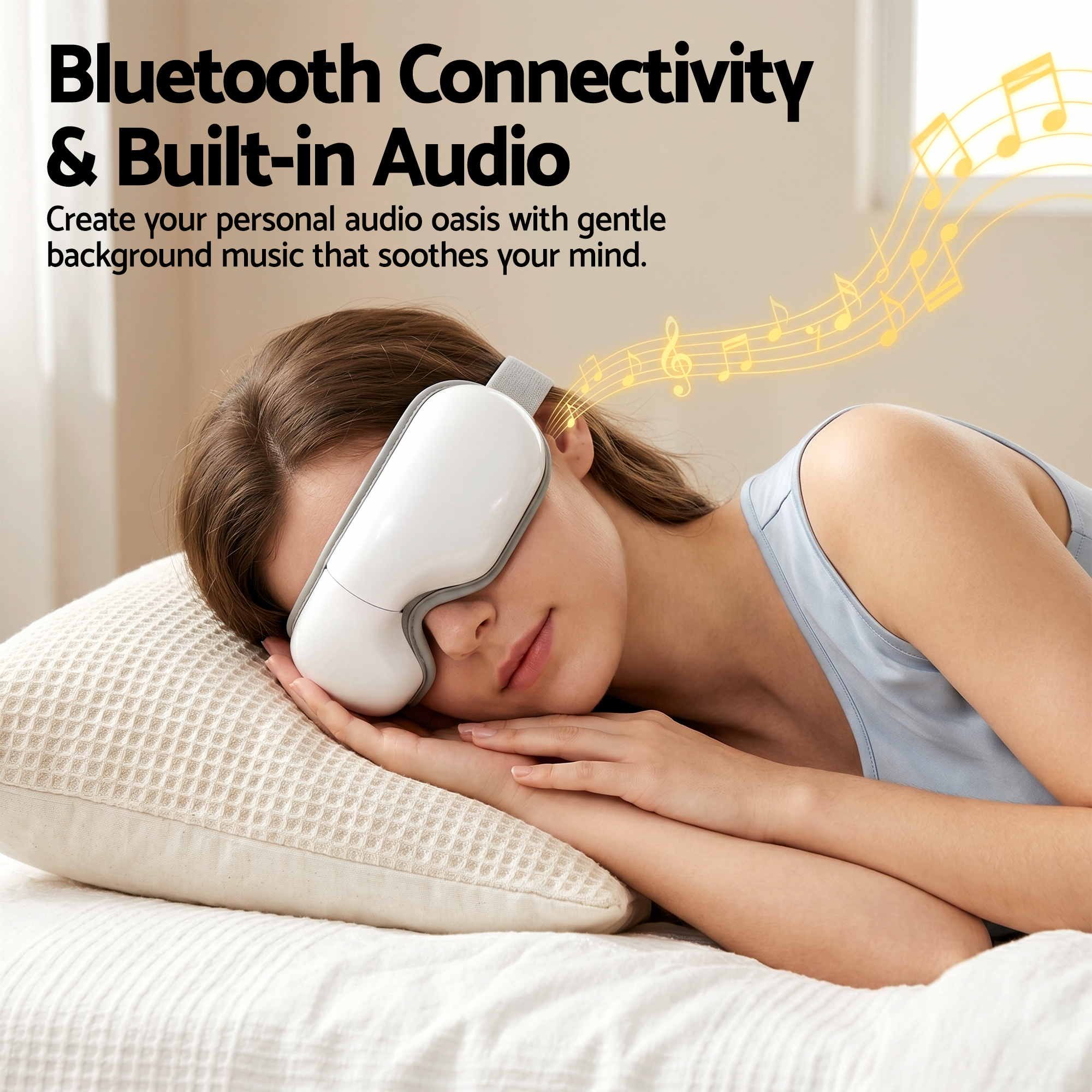 Livemor Eye Massager with Heat & Vibration | 180° Foldable Electric Eye Heat Mask with Bluetooth Music for Fatigue Relief | Rechargeable 3D Wrap-Around Temple Massager, White