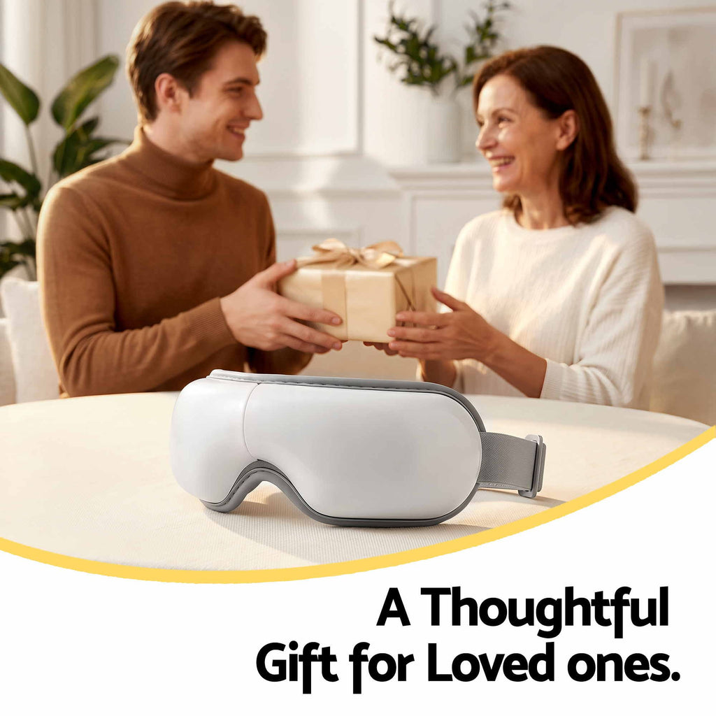Livemor Eye Massager with Heat & Vibration | 180° Foldable Electric Eye Heat Mask with Bluetooth Music for Fatigue Relief | Rechargeable 3D Wrap-Around Temple Massager, White