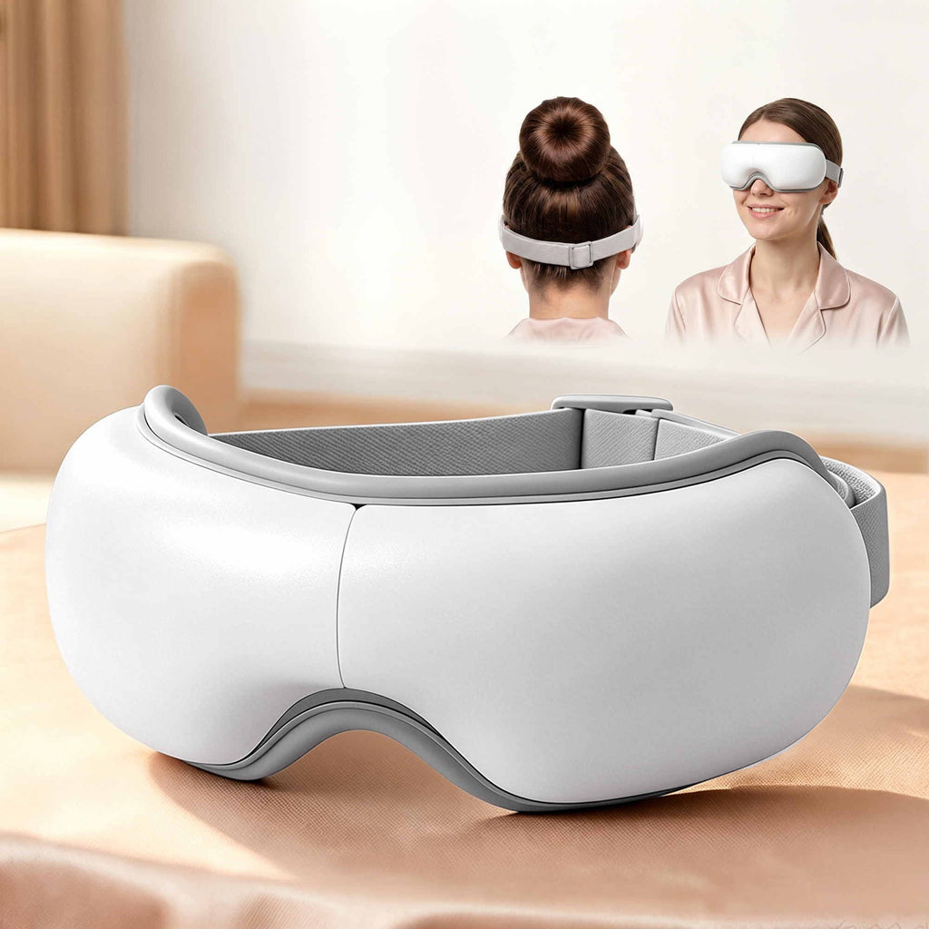 Livemor Eye Massager with Heat & Vibration | 180° Foldable Electric Eye Heat Mask with Bluetooth Music for Fatigue Relief | Rechargeable 3D Wrap-Around Temple Massager, White