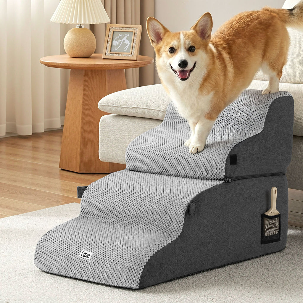 i.Pet Dog Stairs and Bed 2-in-1 Sofa Car Foam Non-Slip Washable Pet Stairs Indoor Grey