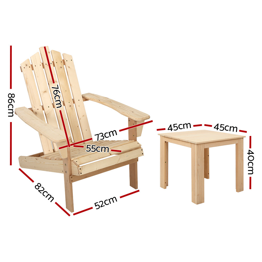 3PC Adirondack Outdoor Table and Chairs Wooden Beach Chair Natural