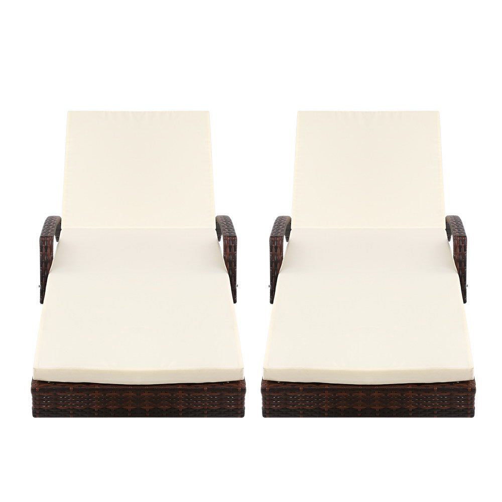 2PC Sun Lounge Wicker Lounger Outdoor Furniture Beach Chair Patio Adjustable Cushion Brown