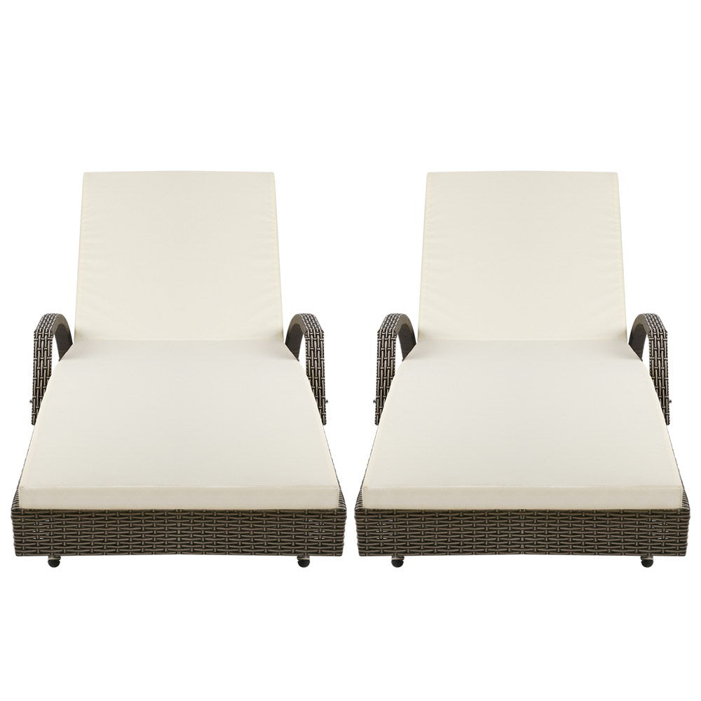 2PC Sun Lounge Wicker Lounger Outdoor Furniture Beach Chair Adjustable Cushion Grey&Beige