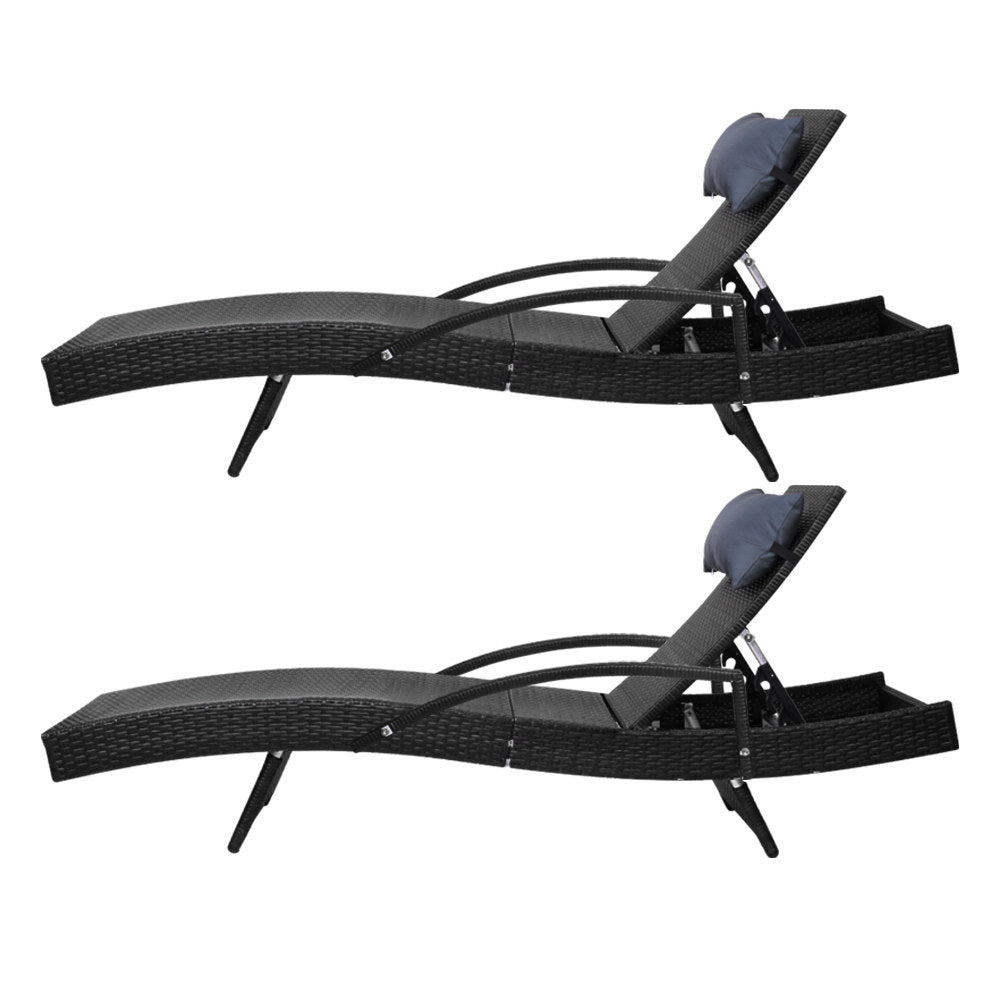 2x Sun Lounge Wicker Lounger Outdoor Furniture Beach Chair Armrest Adjustable Black