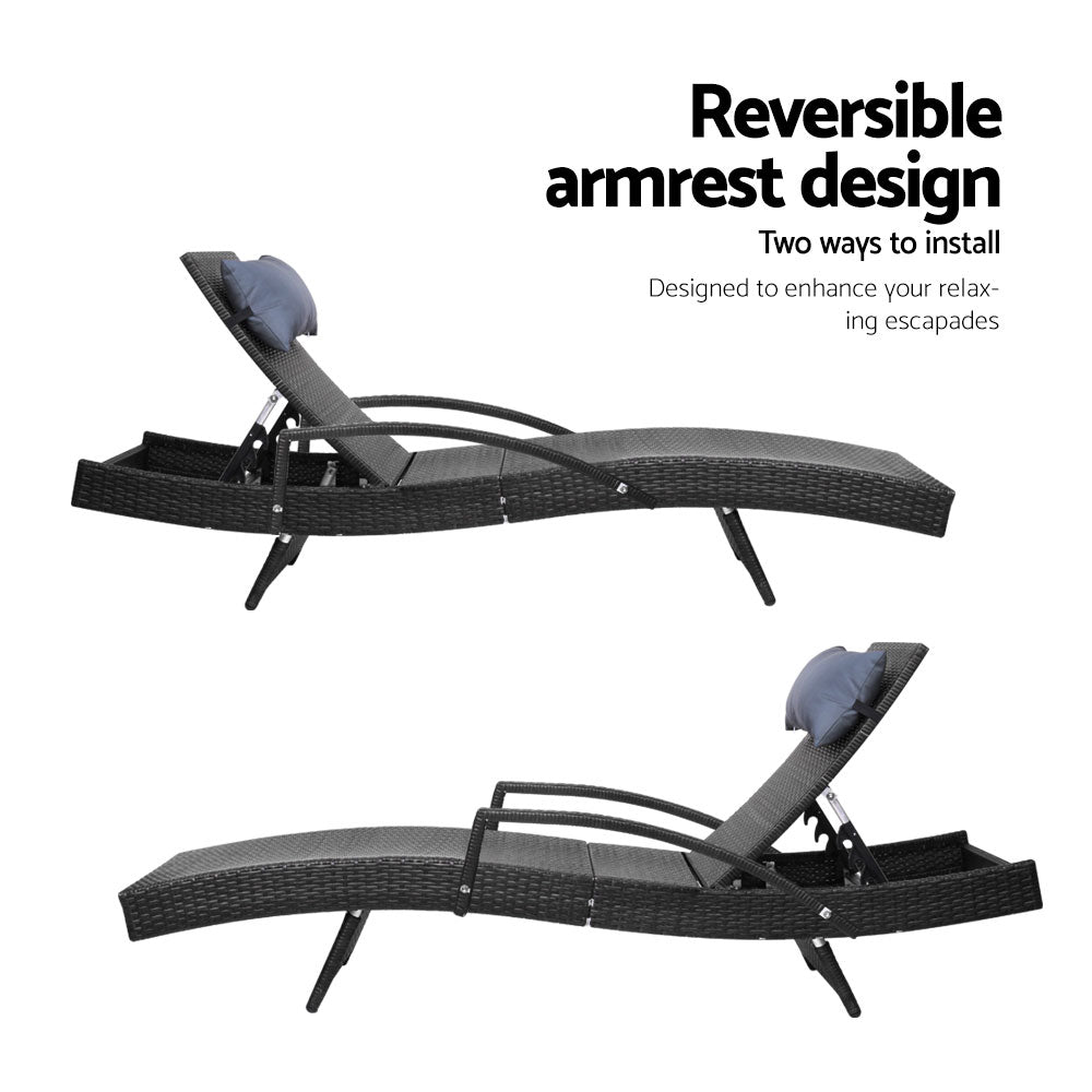 2x Sun Lounge Wicker Lounger Outdoor Furniture Beach Chair Armrest Adjustable Black