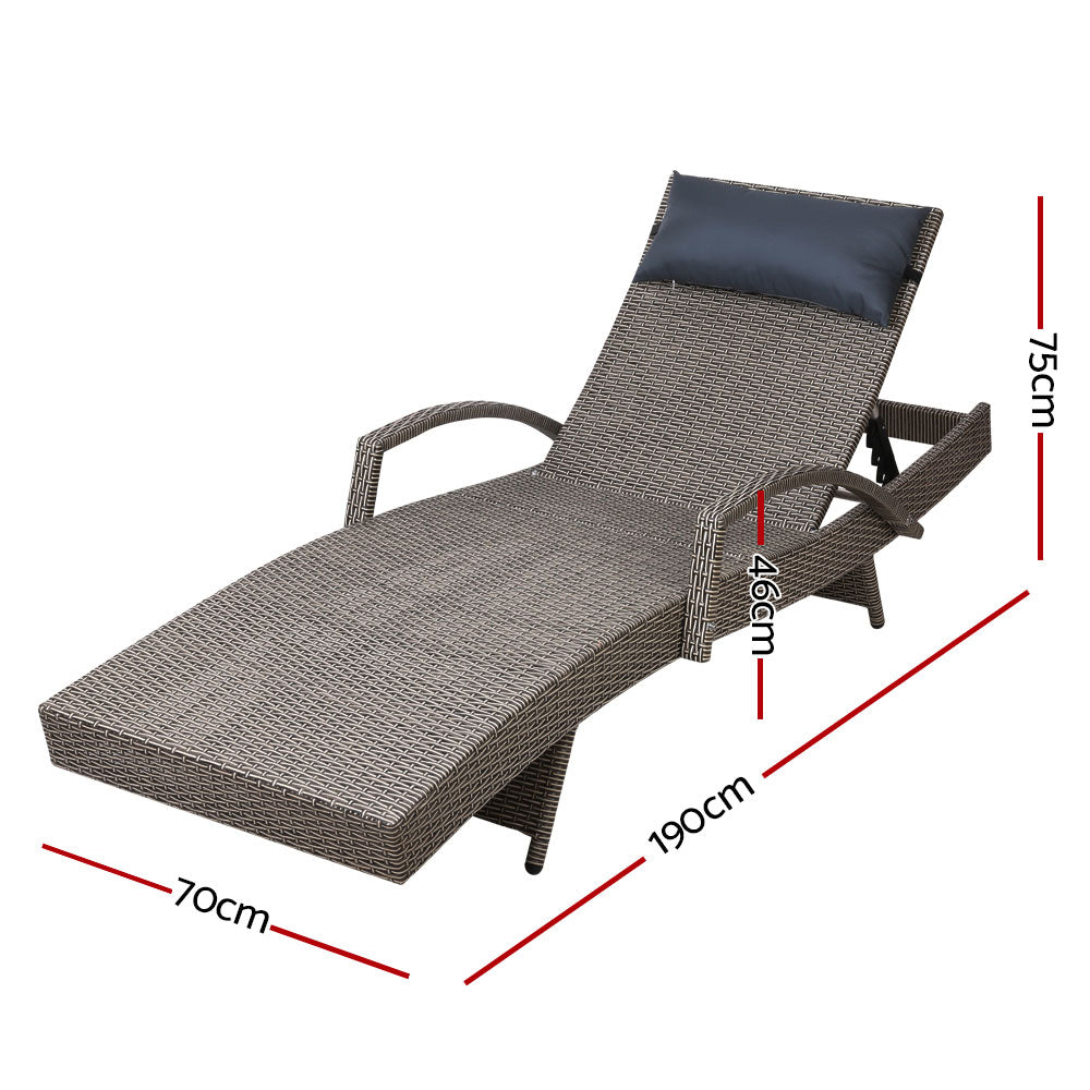 2x Sun Lounge Wicker Lounger Outdoor Furniture Beach Armchair Adjustable Grey&Beige