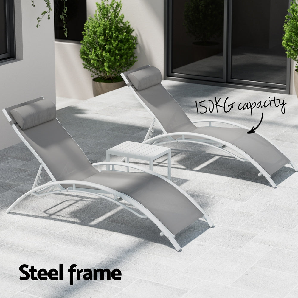 3PC Sun Lounge Outdoor Lounger Table Chairs Steel Patio Furniture Garden