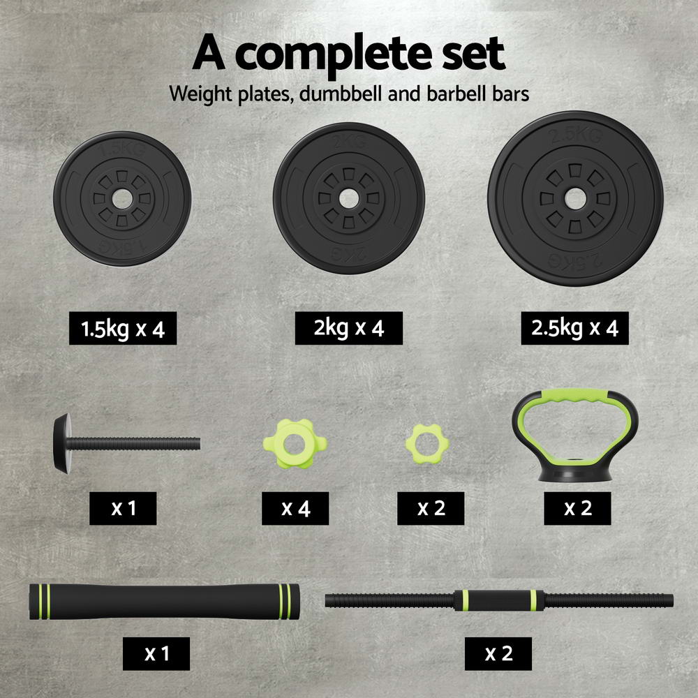 25kg Adjustable Dumbbells Set Kettle Bell Weight Plates Barbells Gym