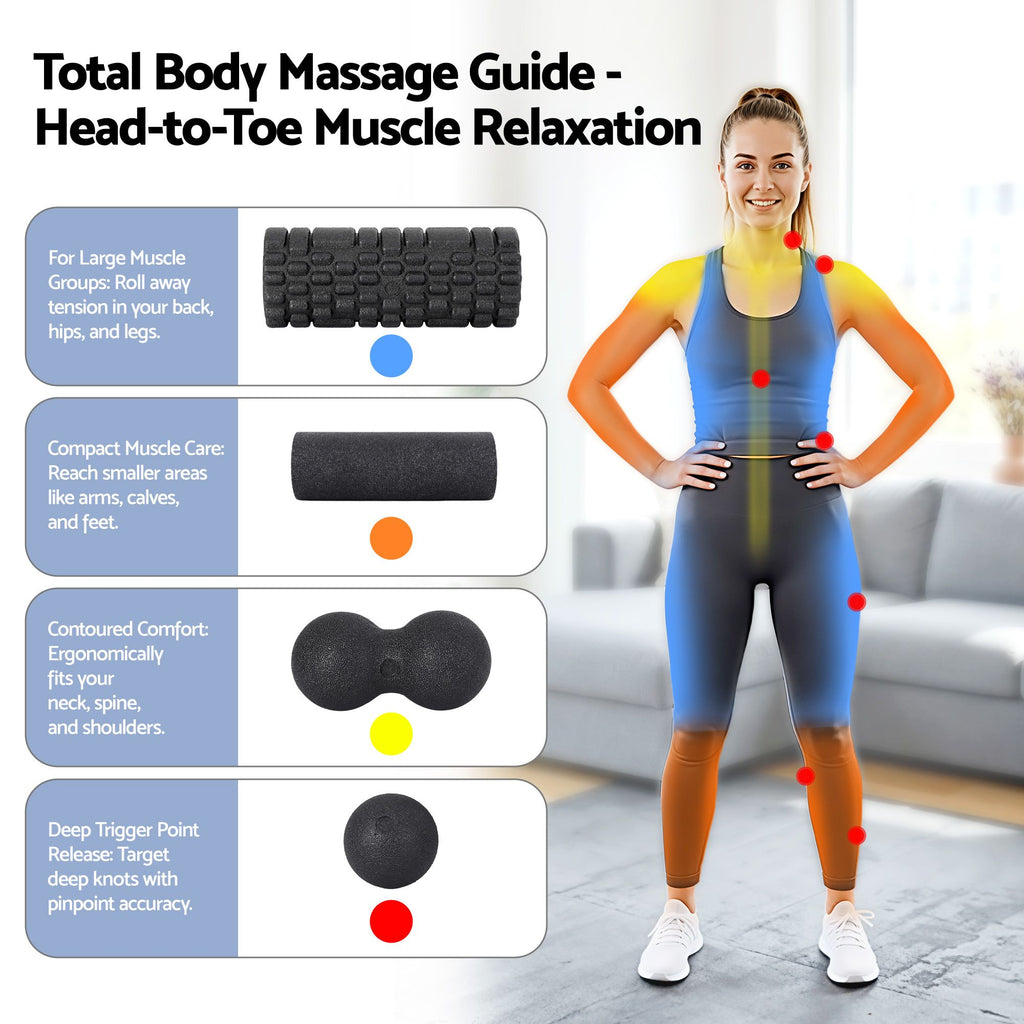 Everfit Foam Roller Set 4 in 1 Grid High Density Massager for Deep Tissue Trigger Point Myofascial Release Back Pain Muscle Recovery Gym Home Fitness Equipment with Storage Bag Supports 150kg