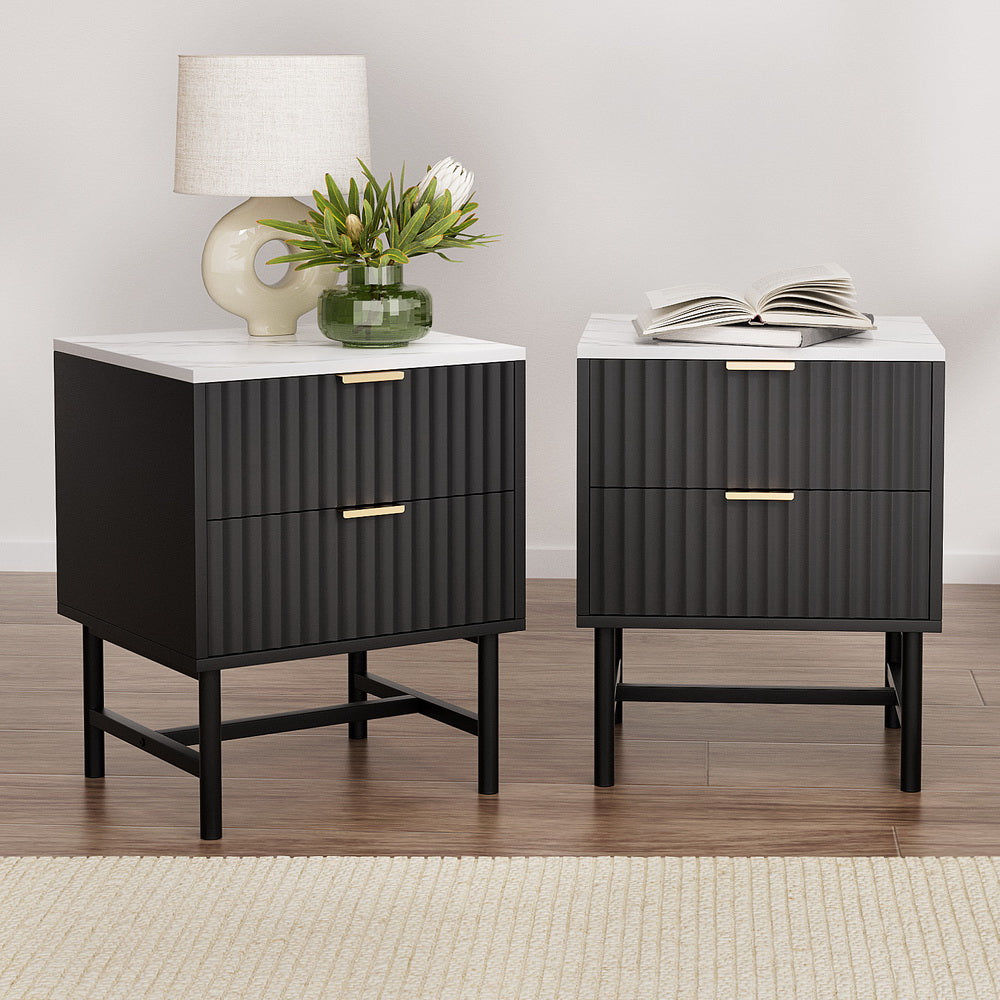 2x Bedside Table 2 Drawers - Black