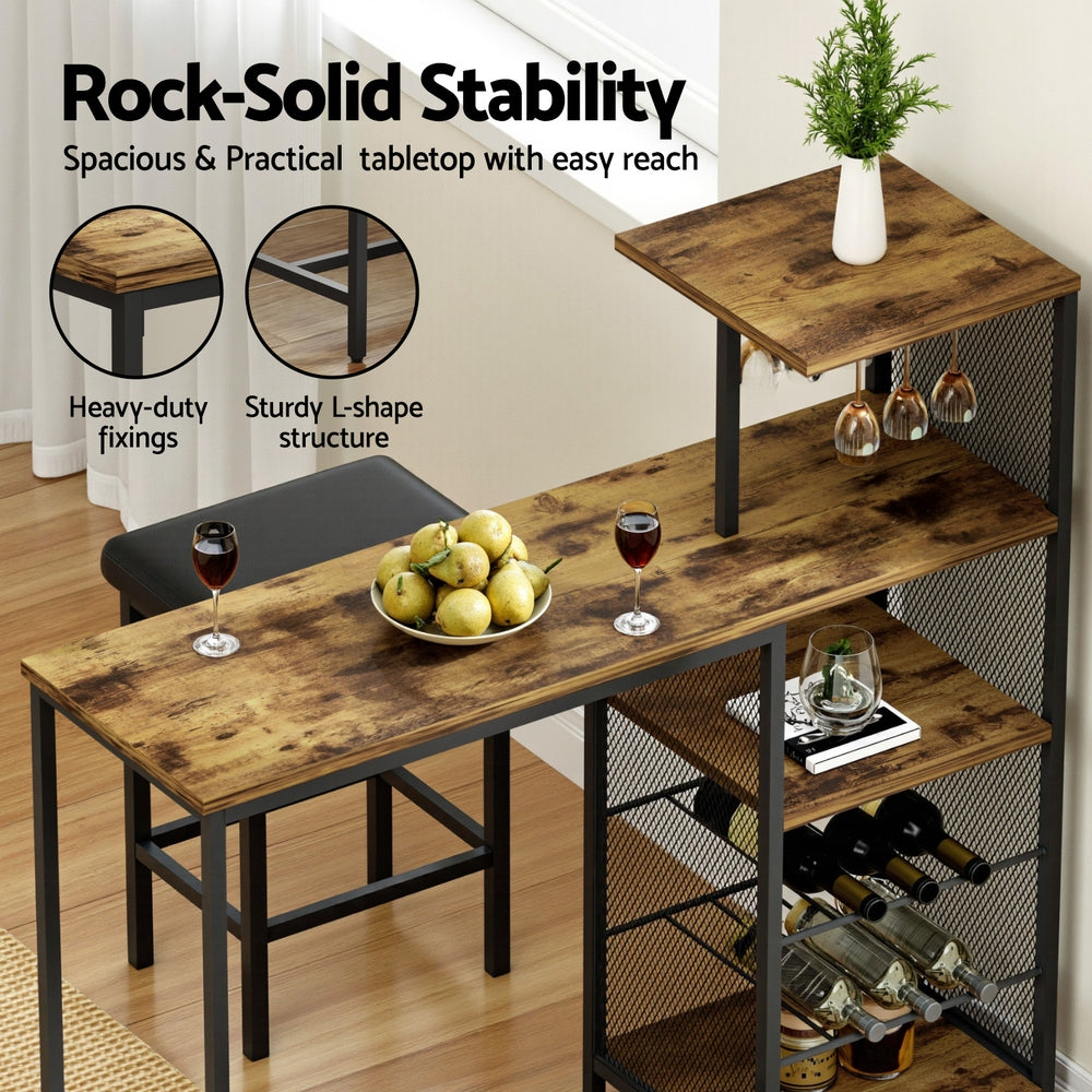 Industrial Bar Table with Wine Rack Cup Holder Multi-Level Storage 122cm Walnut