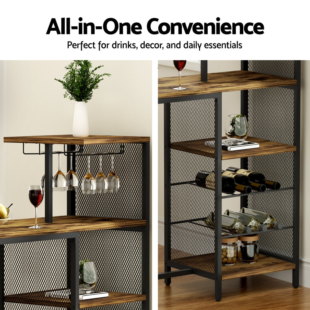 Industrial Bar Table with Wine Rack Cup Holder Multi-Level Storage 122cm Walnut