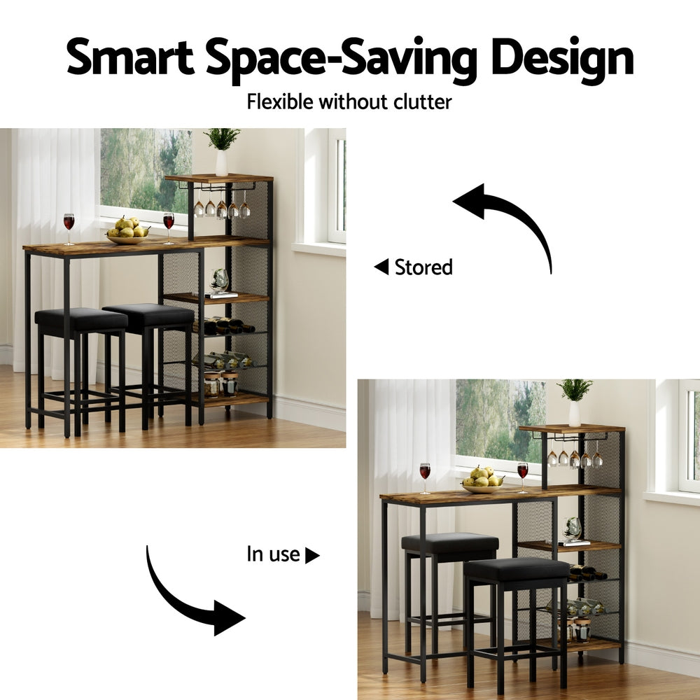 Industrial Bar Table with Wine Rack Cup Holder Multi-Level Storage 122cm Walnut