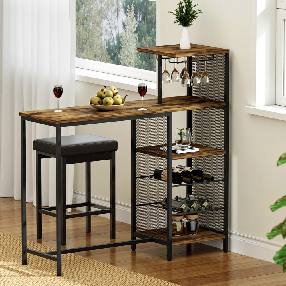 Industrial Bar Table with Wine Rack Cup Holder Multi-Level Storage 122cm Walnut