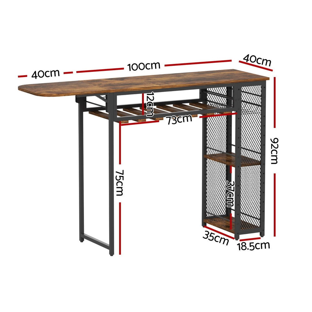 Industrial Bar Table with Wine Rack Built-in Cup Holder Extendable 140cm
