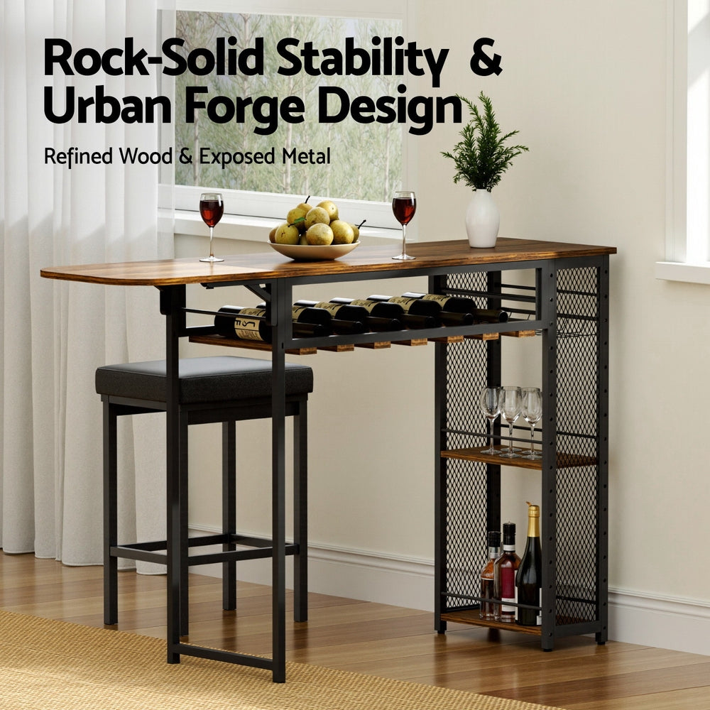 Industrial Bar Table with Wine Rack Built-in Cup Holder Extendable 140cm