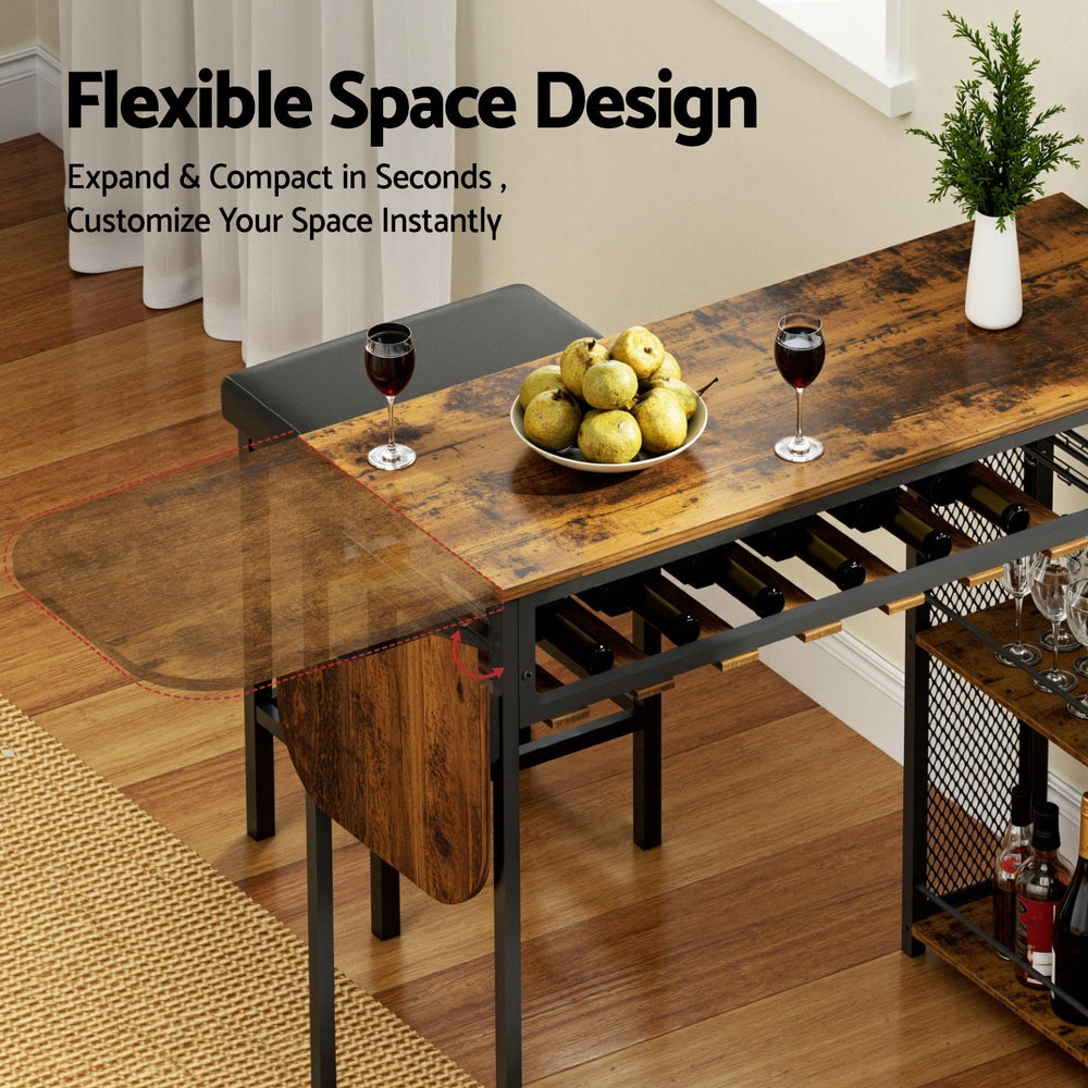 Industrial Bar Table with Wine Rack Built-in Cup Holder Extendable 140cm