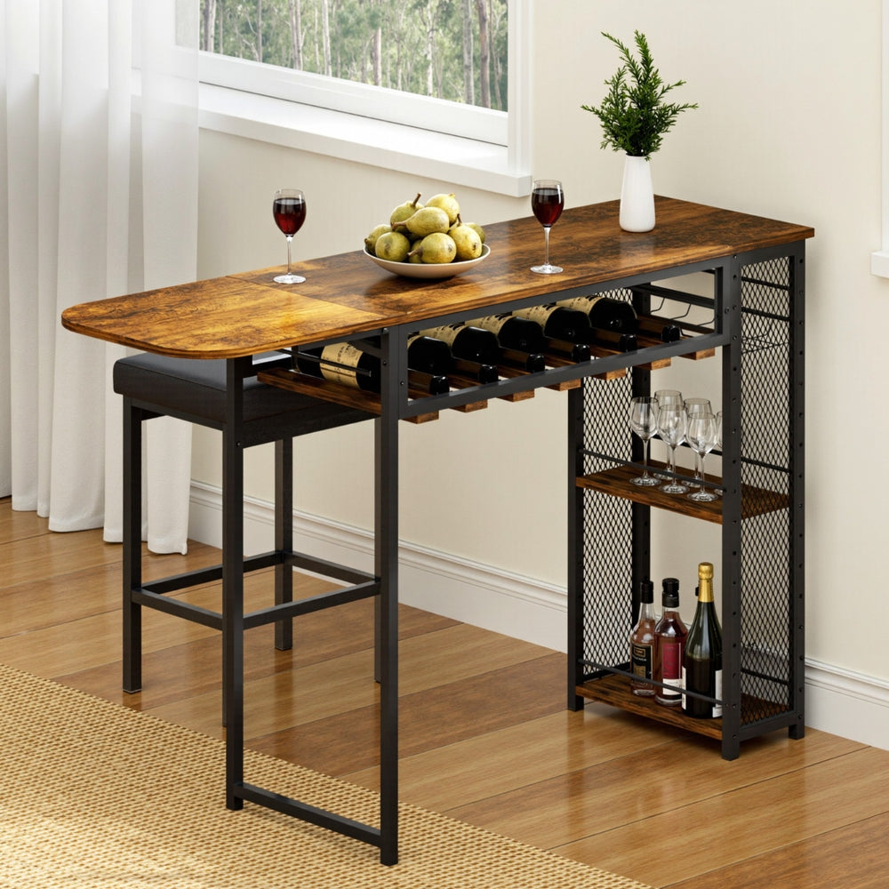 Industrial Bar Table with Wine Rack Built-in Cup Holder Extendable 140cm