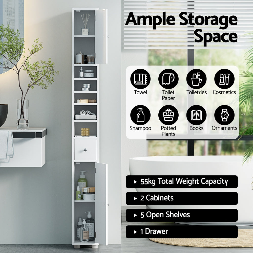 Bathroom Storage Cabinet 180cm Tall Slim Floor Cupboard Toilet Narrow Linen Tower