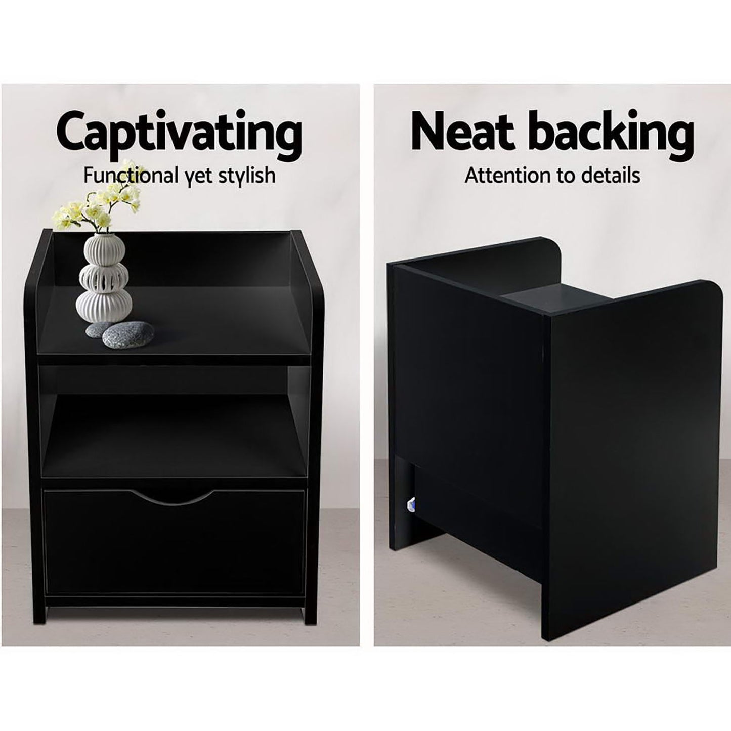 2X Bedside Table 1 Drawer with Shelf - FARA Black
