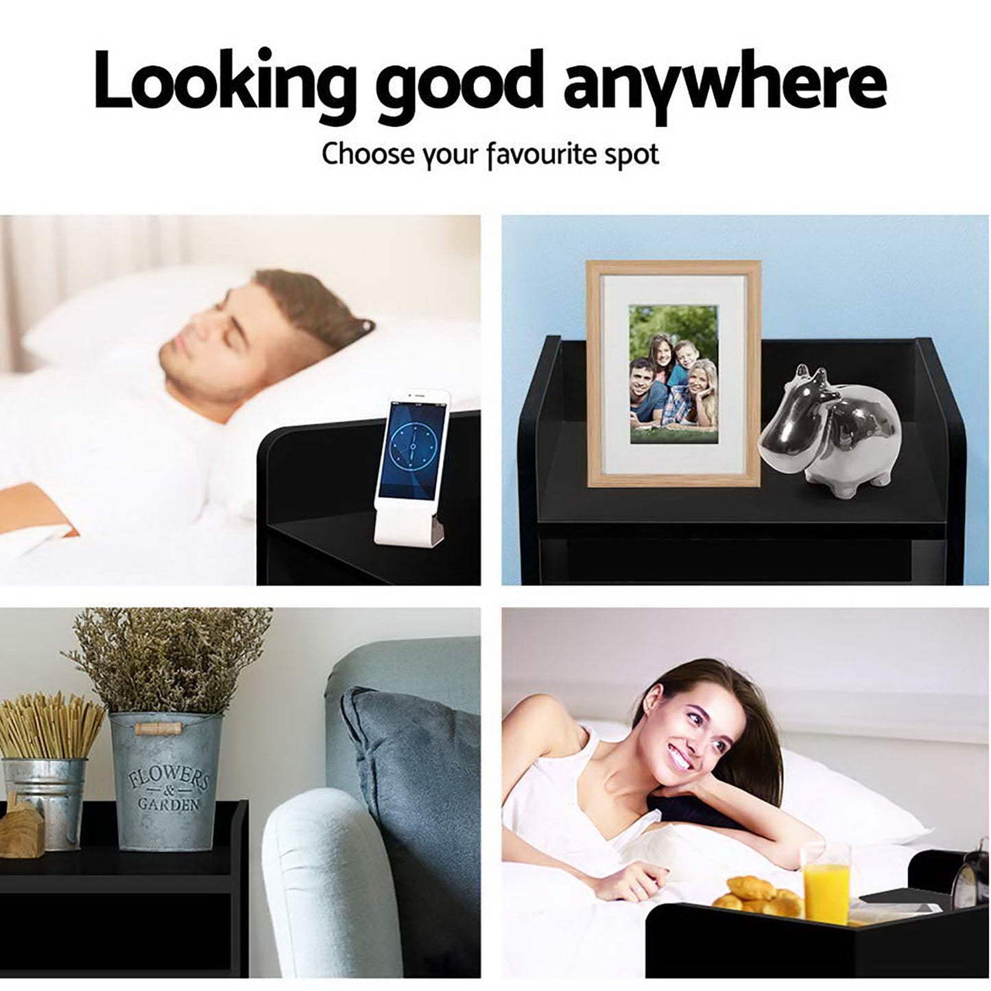 2X Bedside Table 1 Drawer with Shelf - FARA Black