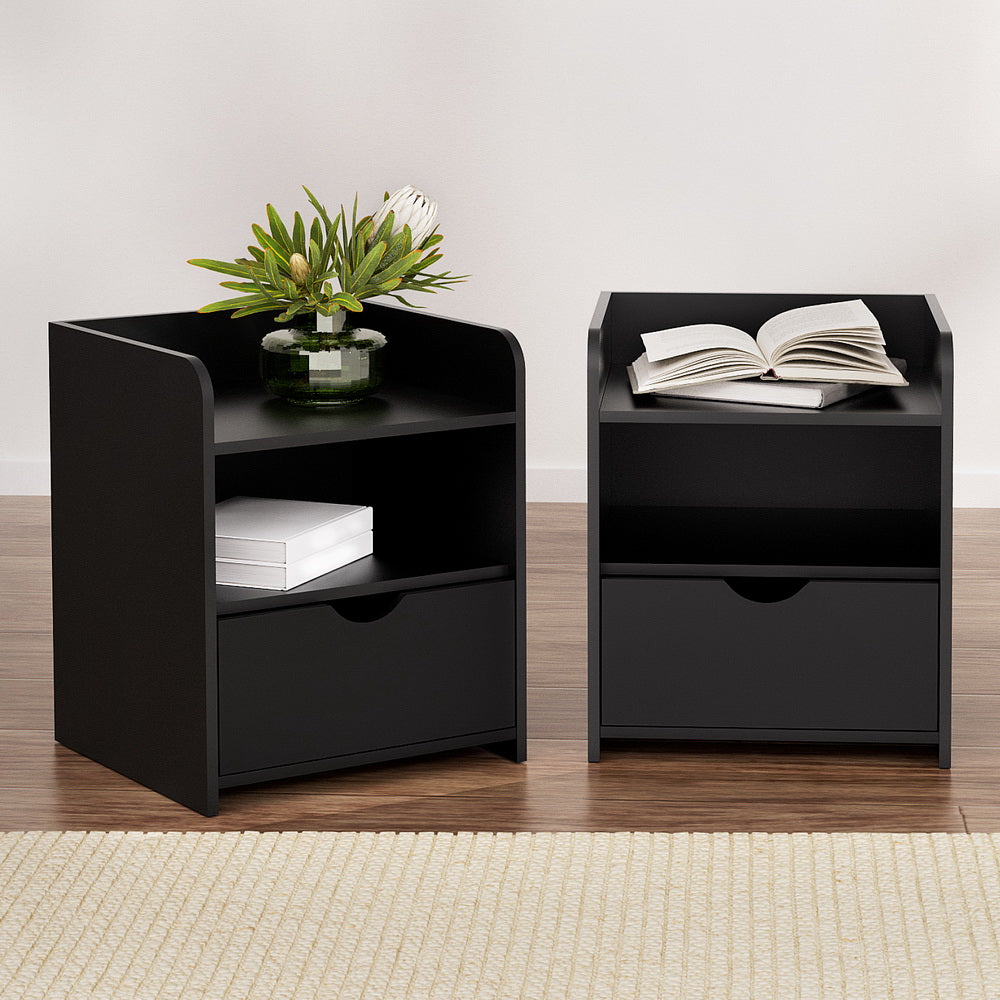 2X Bedside Table 1 Drawer with Shelf - FARA Black