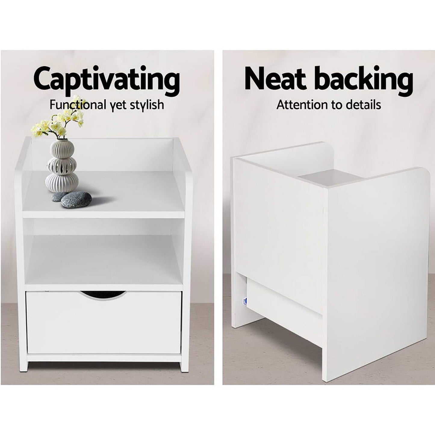 2X Bedside Table 1 Drawer with Shelf - FARA White