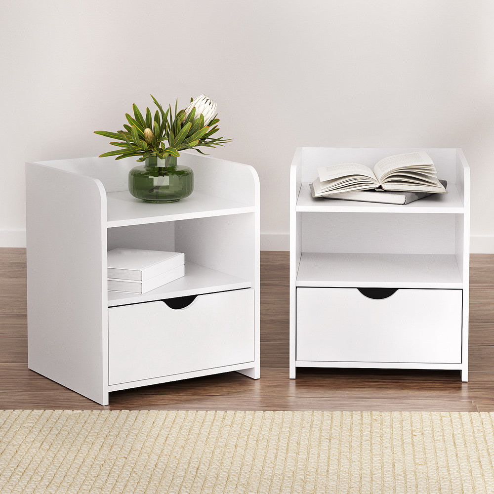 2X Bedside Table 1 Drawer with Shelf - FARA White
