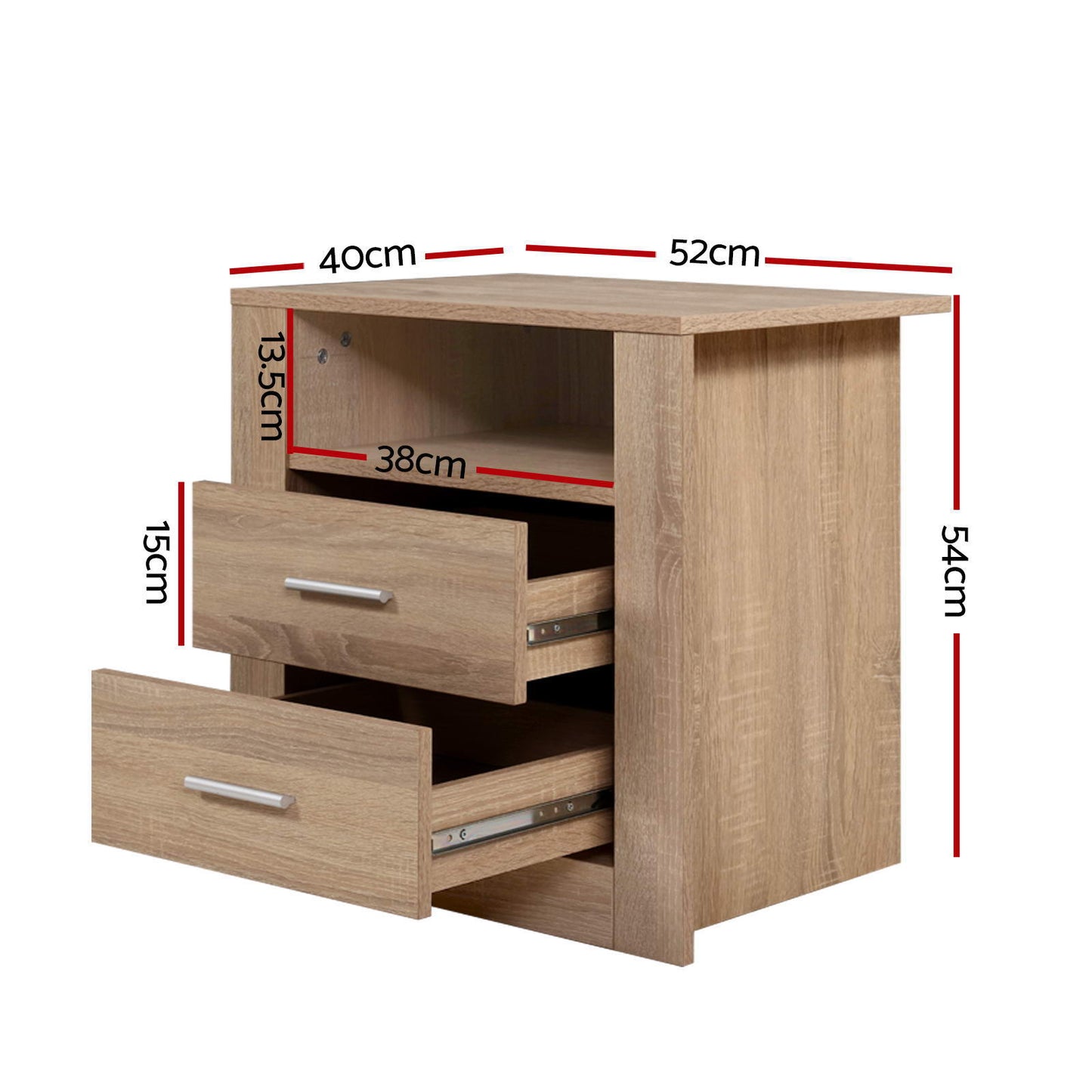 2X Bedside Table 2 Drawers with Shelf - TARA Oak