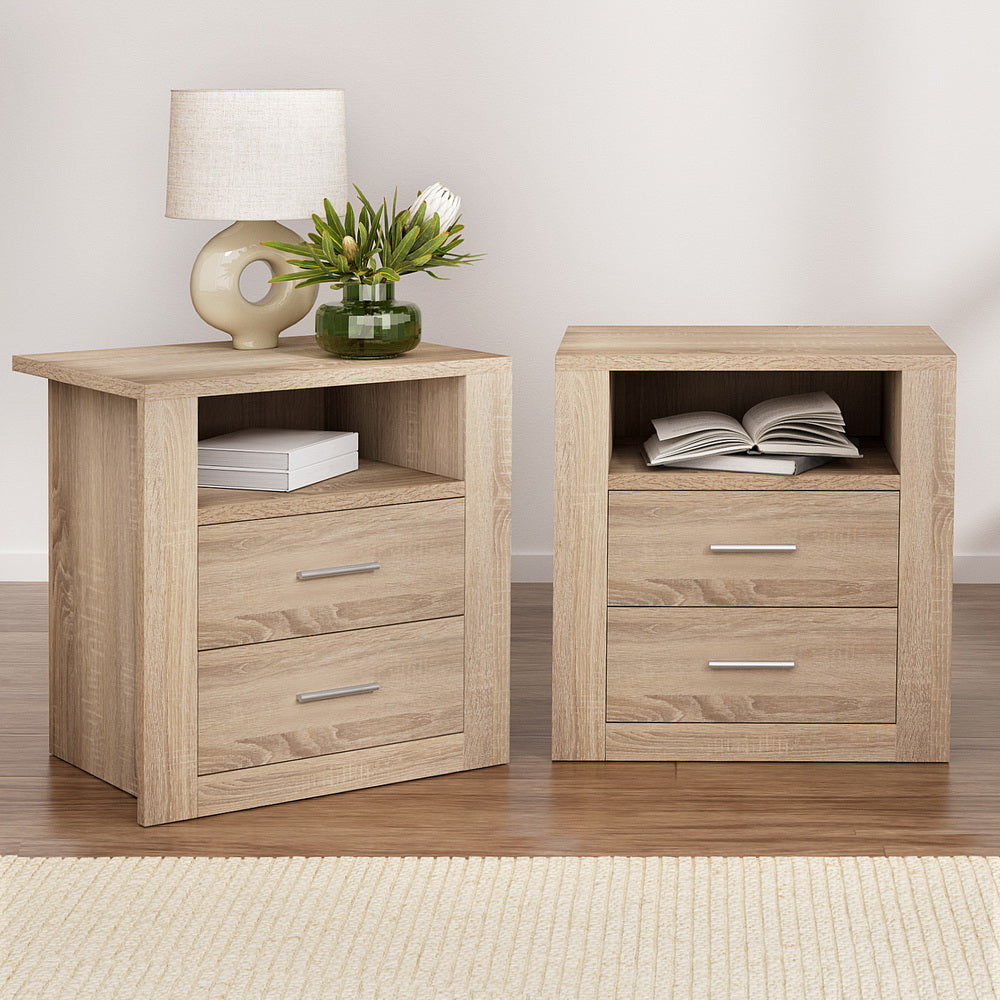 2X Bedside Table 2 Drawers with Shelf - TARA Oak