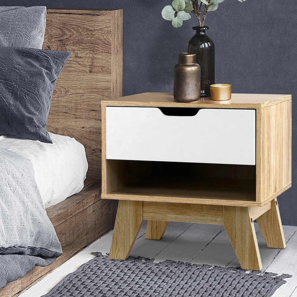 Bedside Table 1 Drawer with Shelf - IKER White & Oak