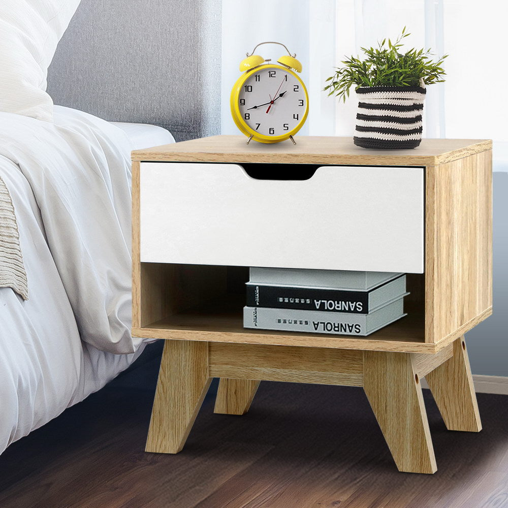 Bedside Table 1 Drawer with Shelf - IKER White & Oak